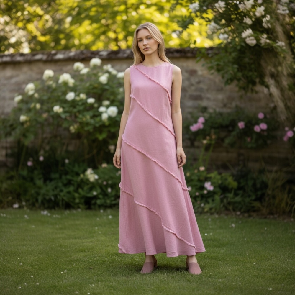 & Other Stories Dress Pink Sleeveless Linen Maxi Asymmetrical Fringed Edge